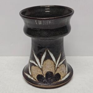 Vintage 80s Scandinavian Stoneware Pottery Floral Vase Blue Brown Signed Rustic